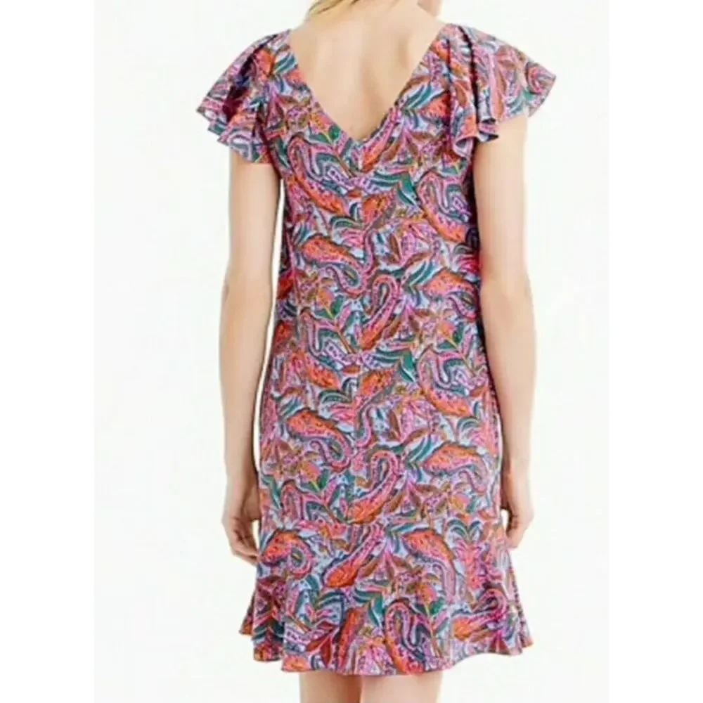 J Crew Silk Dress Size 2 Pink Paisley Ruffled Preppy Country Club Spring